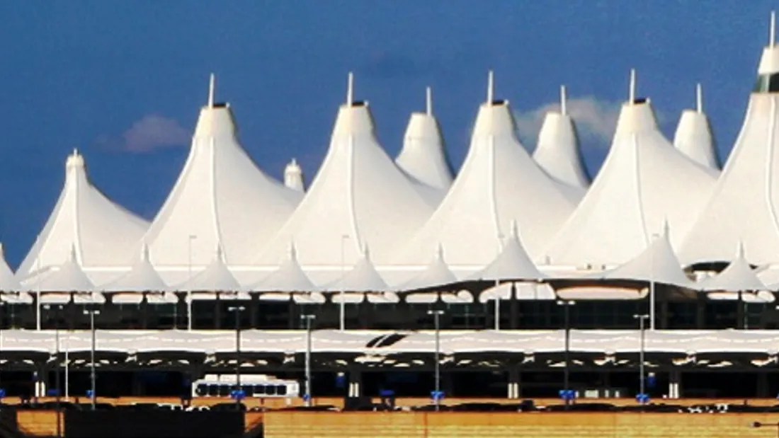 The white peaked roof of Denver International Airport