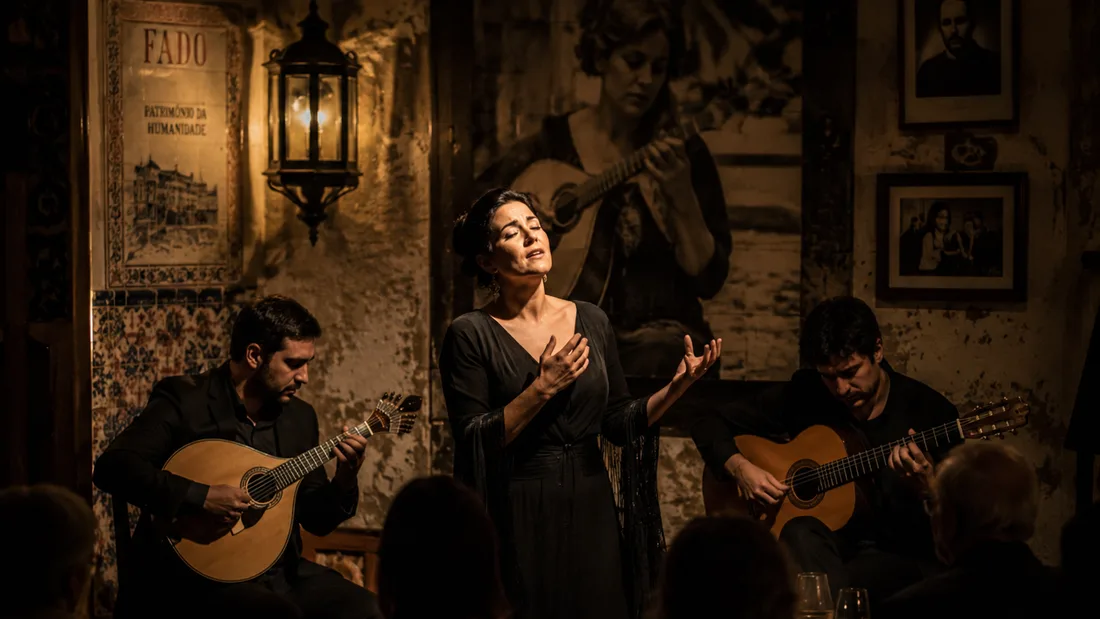 A fadista singing between two guitarists in a candlelit fado house
